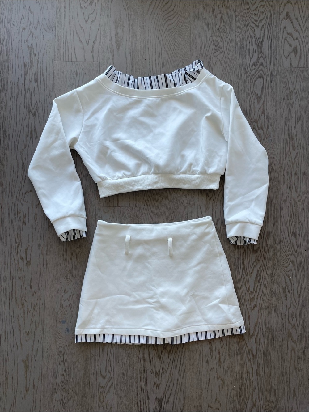 White Two-Piece Crop Sweatshirt and Skirt Set with Striped Trim
